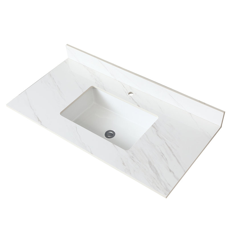 Plateau de meuble-lavabo en pierre frittée blanche 43 pouces - avec lavabo encastré rectangulaire et trou de robinet pré-percé à dosseret de 4 po de hauteur