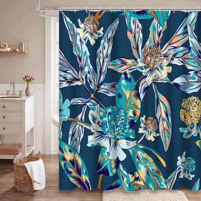Vintage Flower Seamless Floral Blue Shower Curtain with 12 Hooks