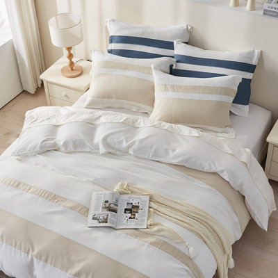 Linen Duvet Cover Set With Stripe Rustic Natural Flax Cotton Blend