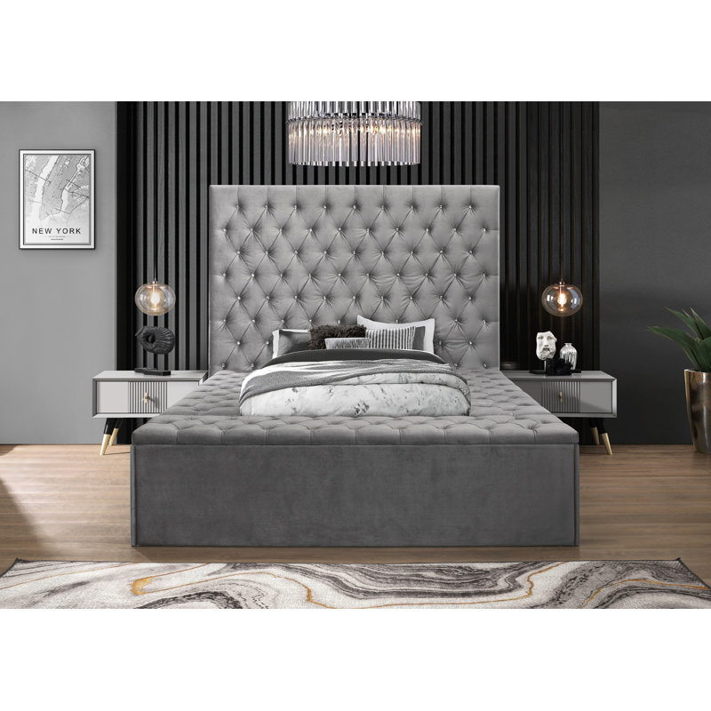 Lit plateforme tapissier Zaniyah, Gris argenté, Double