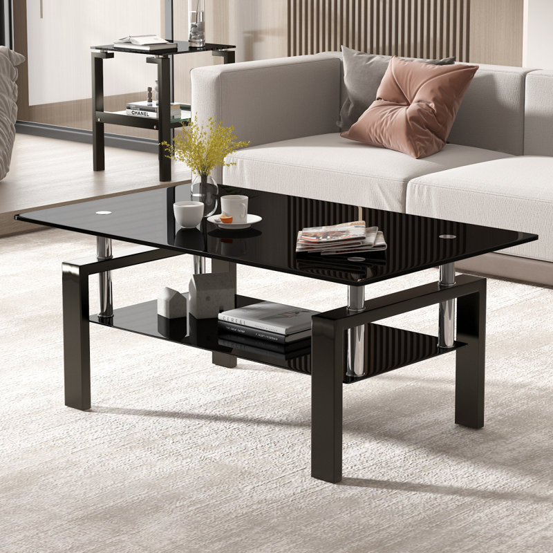 Table basse en verre trempé noir, Black, Black
