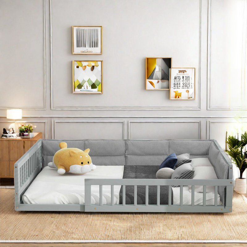 Lit plateforme tapissier moderne avec garde-corps et coussin Kelany, Gris