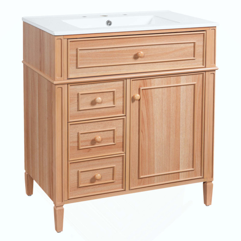 Meuble-lavabo de salle de bain avec lavabo, meuble-lavabo en bois avec tiroir rabattable, 2 tiroirs à fermeture en douceur, 1 porte à fermeture en douceur, bois massif et panneau de fibres à densité moyenne, poignées en bois élégantes