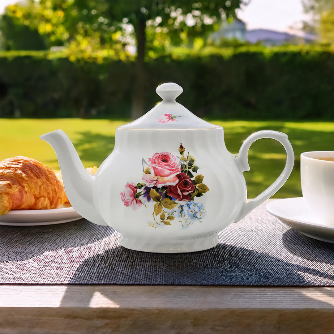 Priya 1.16 qt. Porcelain China Teapot – White, With Lid, Embossed Design August Grove®