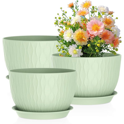 Ensemble de 3 pots à fleurs en plastique vert avec drainage et soucoupes