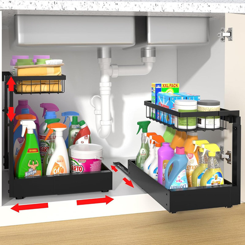 Ensemble de 2 tablettes extensibles sous évier à 2 niveaux - Armoire de rangement réglable pour la cuisine et la salle de bain