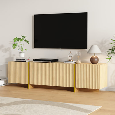 Luxury Fluted TV Stand For 65/70/75 Inch TV, Modern Chic Entertainment Center With 4 Doors, Wooden Media Console For Living Room And Bedroom, Oak