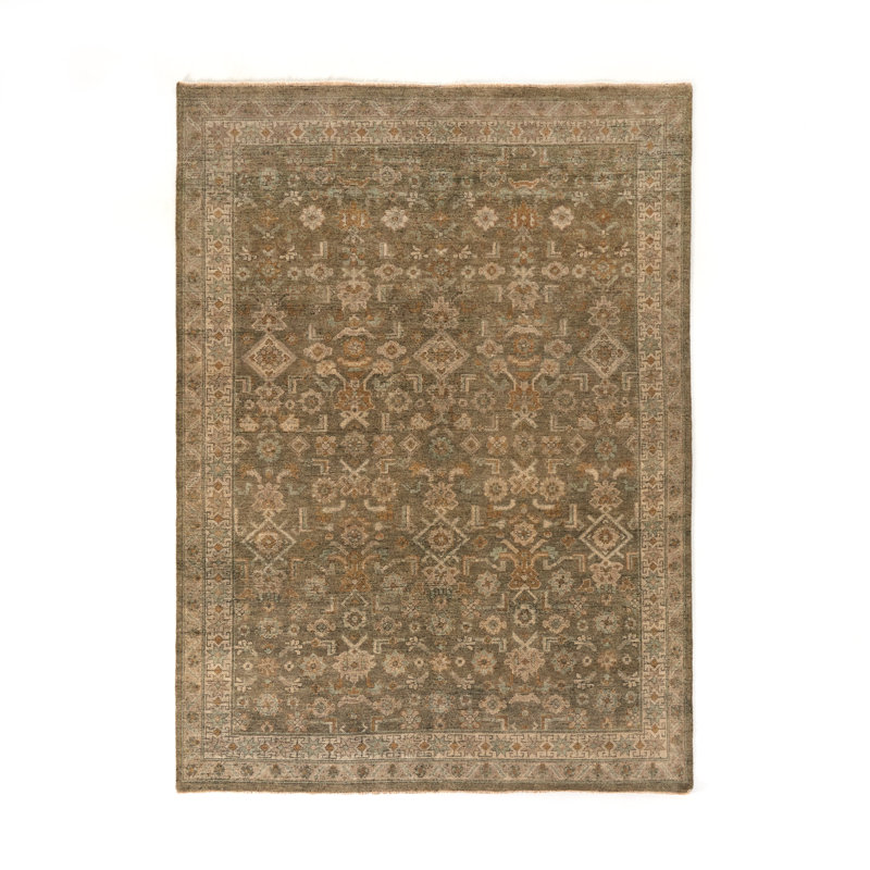 Kenli Wool Oriental Area Rug in Green, Rectangle 9' x 12'