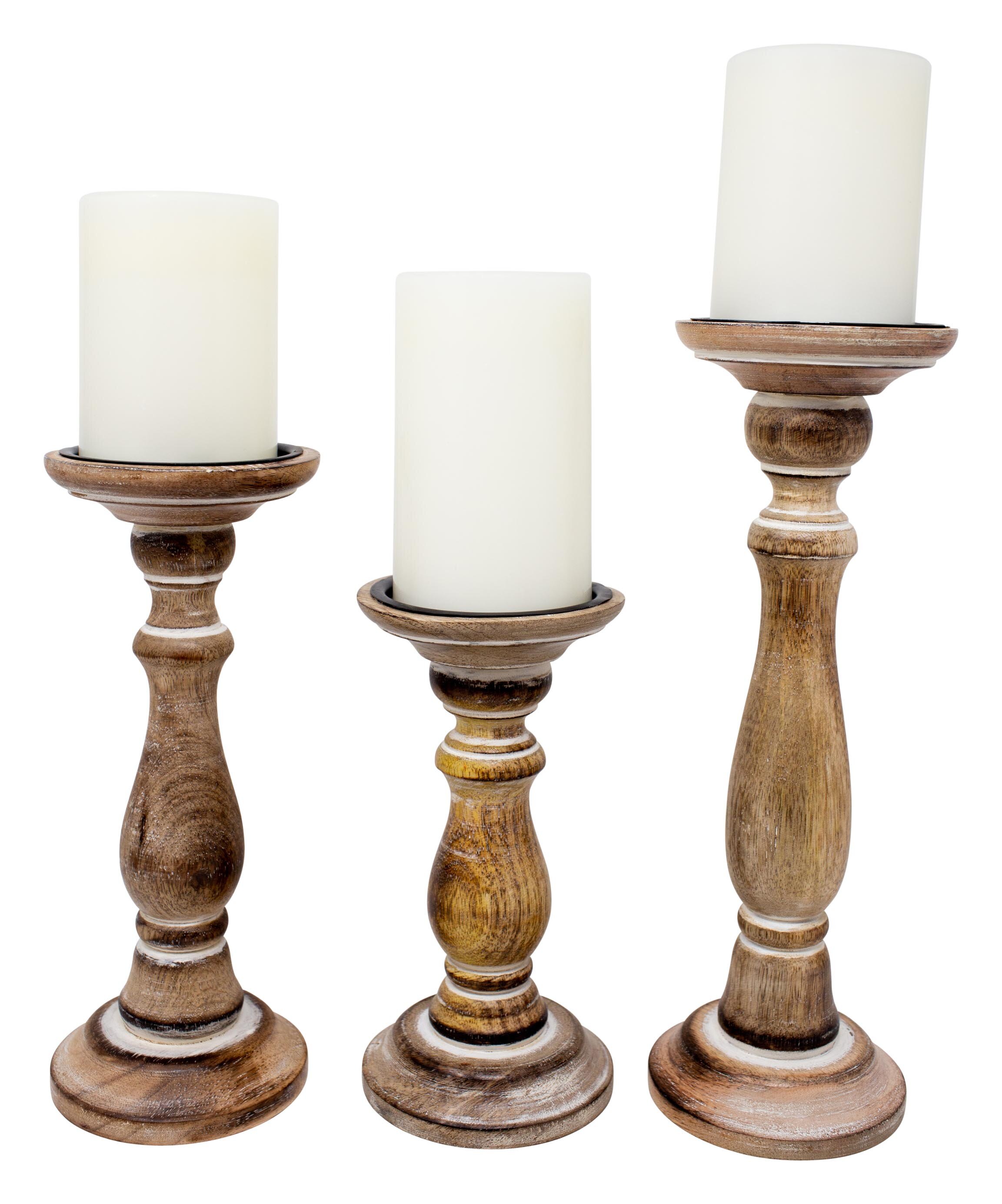 Canora Grey Carved Distressed Wood Set Of 3 Pillar Candle Holders | Wayfair