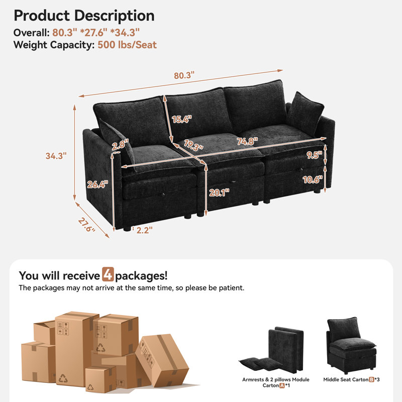 80.3" Wide Modular Storage 3-Seater Sofa, Black