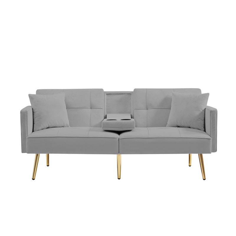 Pink Velvet Futon Sofa Bed With Gold Metal Legs, Gray
