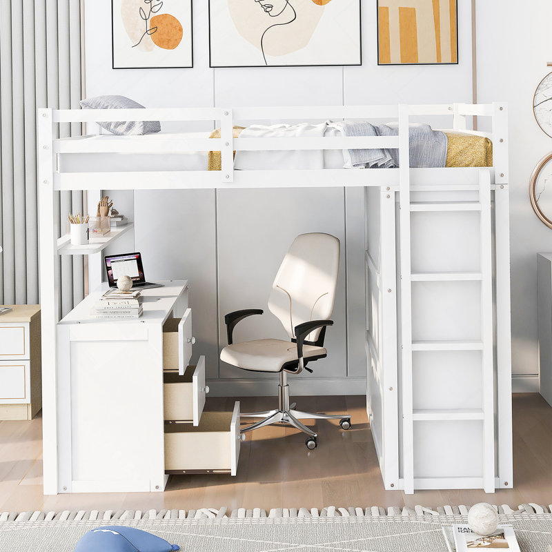 Lit mezzanine avec tiroirs, bureau et garde-robe, White