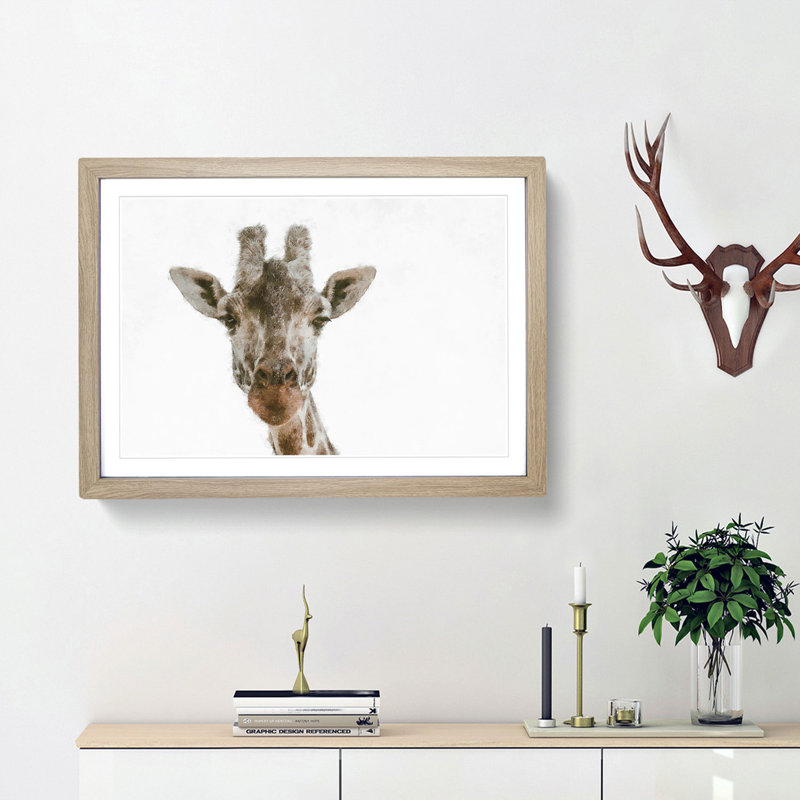 Curious Giraffe - Picture Frame Graphic Art Print, 45cm H x 63cm W x 2cm D, Oak Framed