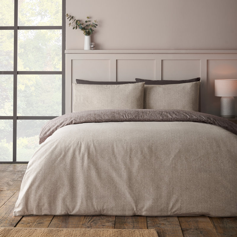 Brushed Herringbone Cotton Reversible Duvet Cover Set, Chocolate, King