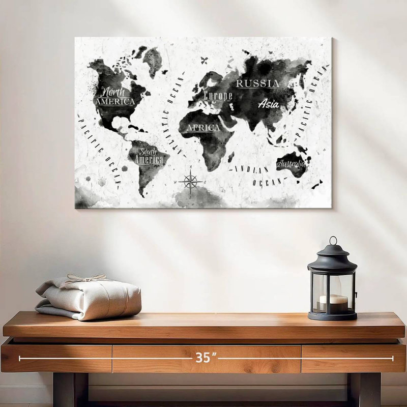 Carte du monde à l'encre noire d'Aliaz, H 16 po x l 24 po