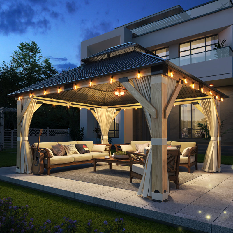 15 ft. W x 13 ft. D Solid Wood Gazebo, Outdoor Double Roof Gazebo with Curtain & Netting for Garden, Patio, Deck, Backyard