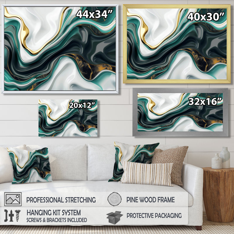 Océan vert, vagues dorées - encre liquide, art mural abstrait, Toile tendue, H 12 po x l 20 po