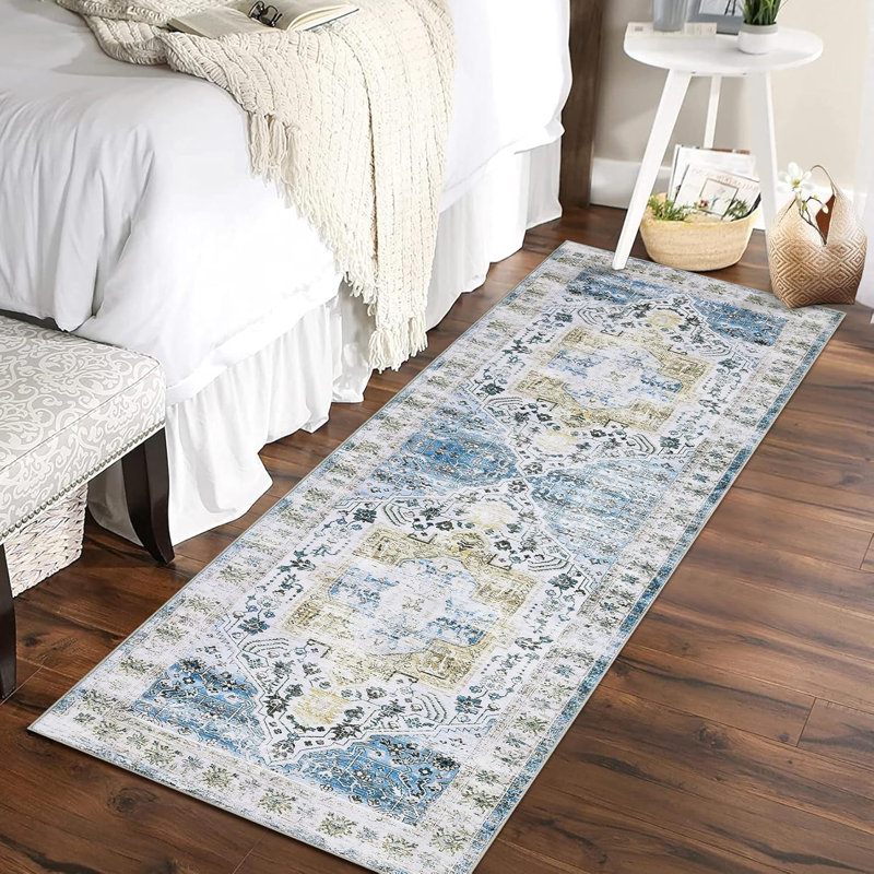 2x6 Runner Rug Kitchen Hallway Entryway – Vintage Floral Oriental Design Non-Slip Stain Resistant Low Pile Floor Covering (Blue)