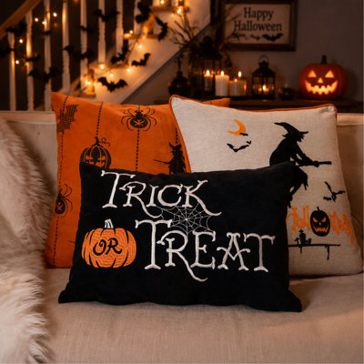 Trick or Treat Embroidered Black Lumbar Pillow with Removable Insert for Halloween Couch and Bed Accent Decor