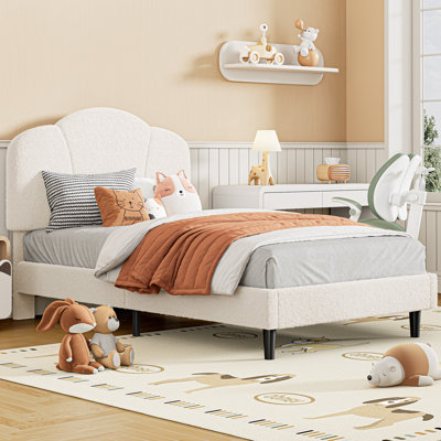 Twin Size Upholstered Platform Bed Frame – Lamb Velvet, Headboard, Plywood Slats, 800 lbs Support, No Box Spring Needed, White