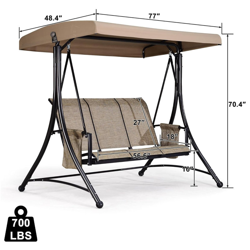 Balancelle d'extérieur 3 places avec cadre en acier résistant aux intempéries, auvent inclinable réglable, beige, 3