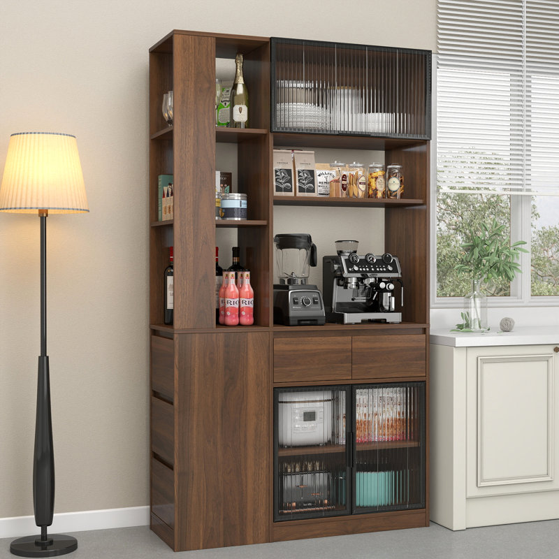 Garde-manger 70,9 "avec tablette à micro-ondes, 5 tiroirs et portes en verre