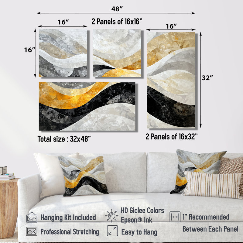«Black Grey Paint Drift Mosaic Kinetic Art I - Abstract Large Wall Art», 4 pièces, Toile tendue, Ne s’applique pas