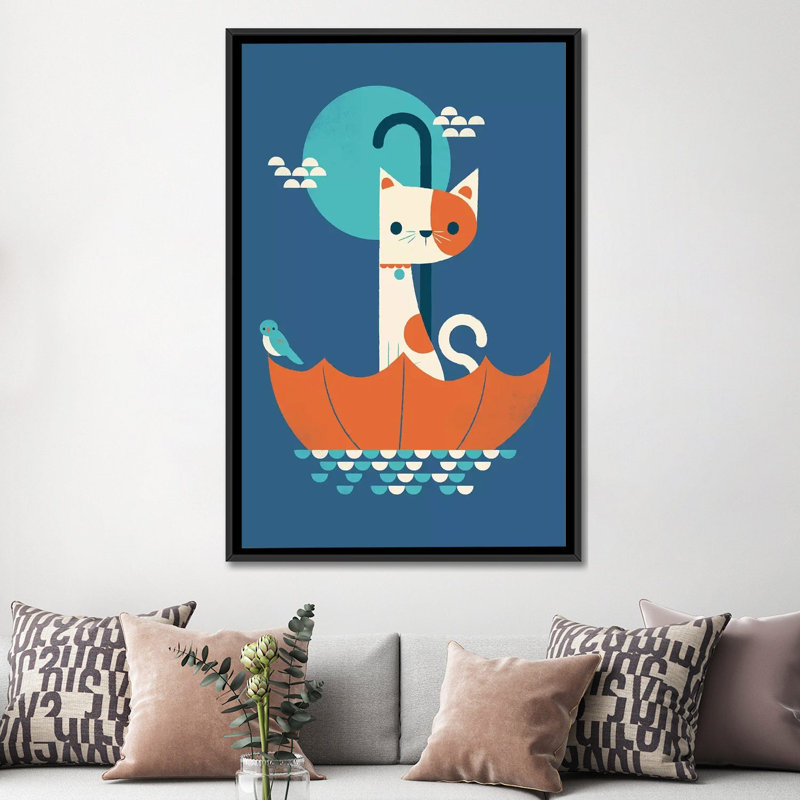«Cat in Umbrella», impression sur toile tendue, H 26 po x l 18 po x P 1,5 po, Toile avec cadre noir