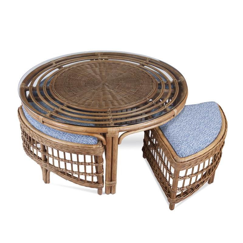 Raffles Rattan Cocktail Table with Benches, Blue Buffalo Check; 0120-61, Frost White