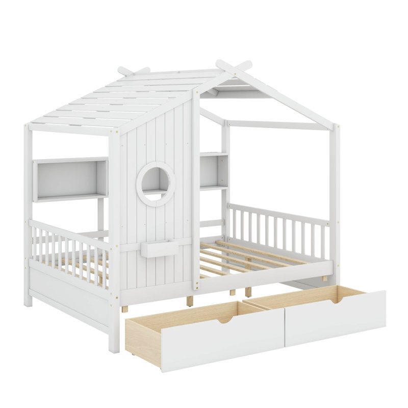 Wooden  House Bed With Drawers, White, Full / Double