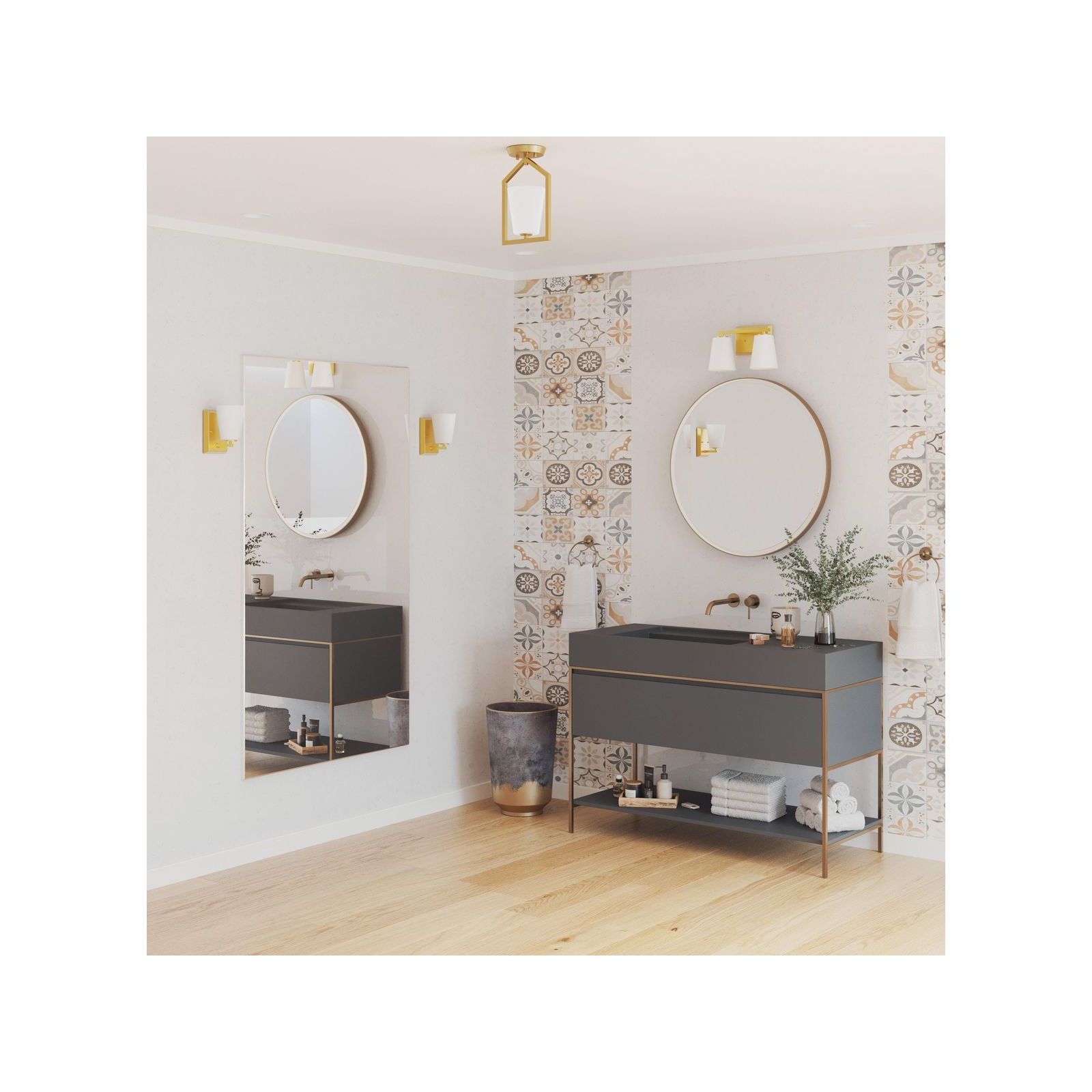 Single Light Glass Semi Flush Mount, Brushed Gold
