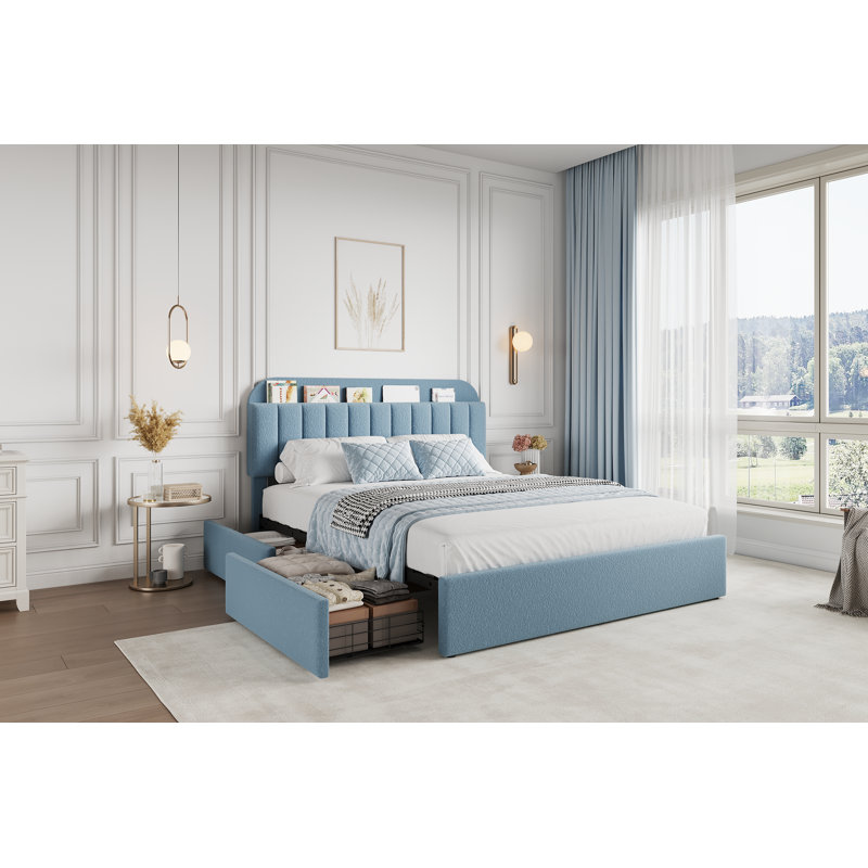 Bed Frame with 2 Storage Drawers, Kids Bedframe with Storage Headboard, Upholstered Bed Frame, Blue, Full