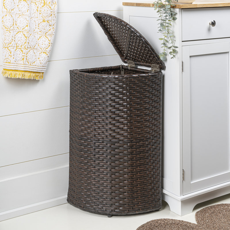 Brown Faux Wicker Corner Outdoor Trash Can with Lid