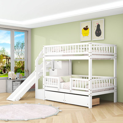 Lit superposé simple au-dessus de 2 tiroirs en bois avec escalier de rangement et glissière