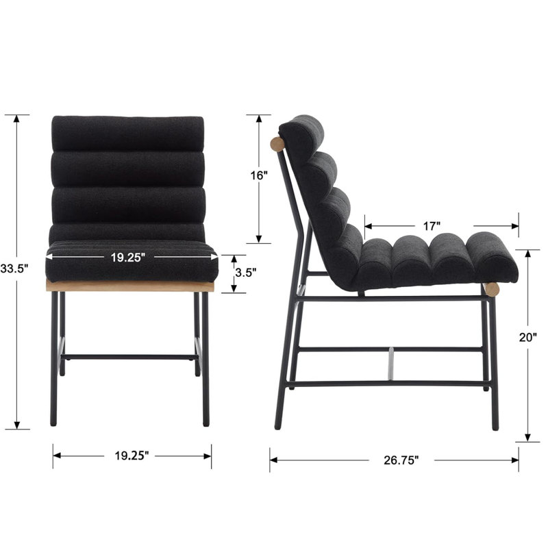 Boucle Channel Tufted Dining Chairs Set Of 2 With Metal & Wood Legs, Black