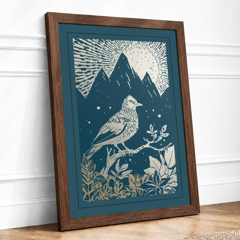 Mountain Perch Japandi - Framed Print, A4 - 29.7 x 21.0 cm, Walnut