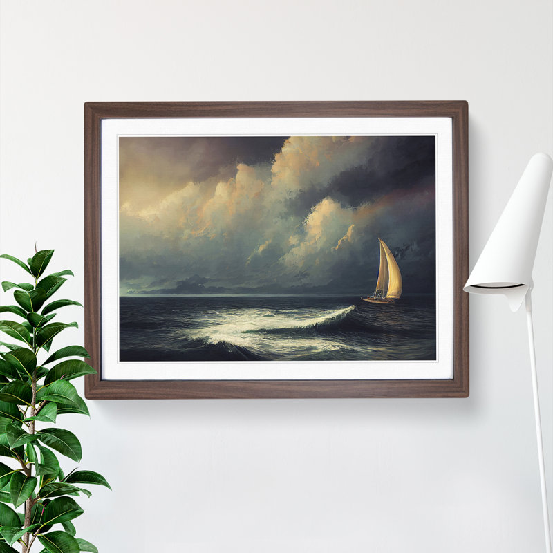XH1022-7614X Sailing Boat On The Sea - Single Picture Frame Painting, 25cm H x 34cm W x 2cm D, Walnut 