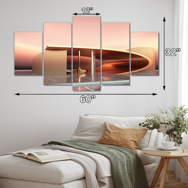 Rose et courbes architecturales - Futuriste minimal II - architecture d'art mural futuriste - 5 panneaux