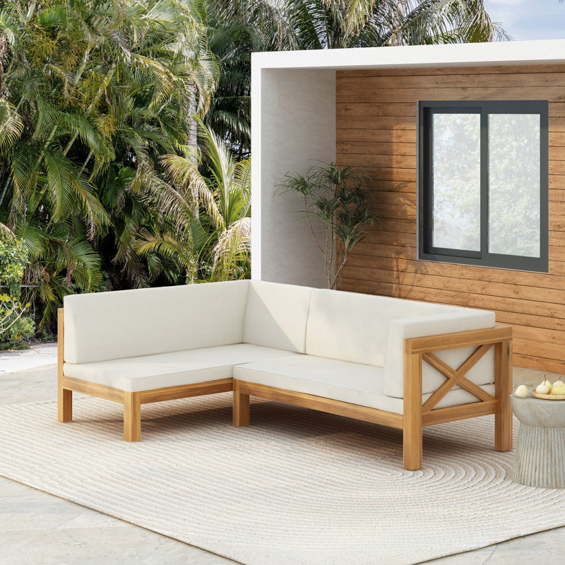 Canapé modulaire d'extérieur en forme de L Ouareau, Orienté à droite, Beige, Teck