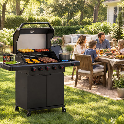 Barbecue au gaz propane 5 + 1 brûleurs Flintex, brûleur à infrarouges de 14 000 BTU avec grilles en fonte et plaque chauffante, brûleur latéral de 12 000 BTU, surface de cuisson de 673 po², roues pour cour et patio