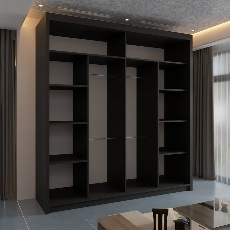 Modern Sliding Door Wardrobe with Mirrored Glass Finish – Multiple Sizes (120cm, 150cm, 180cm, 203cm), Black