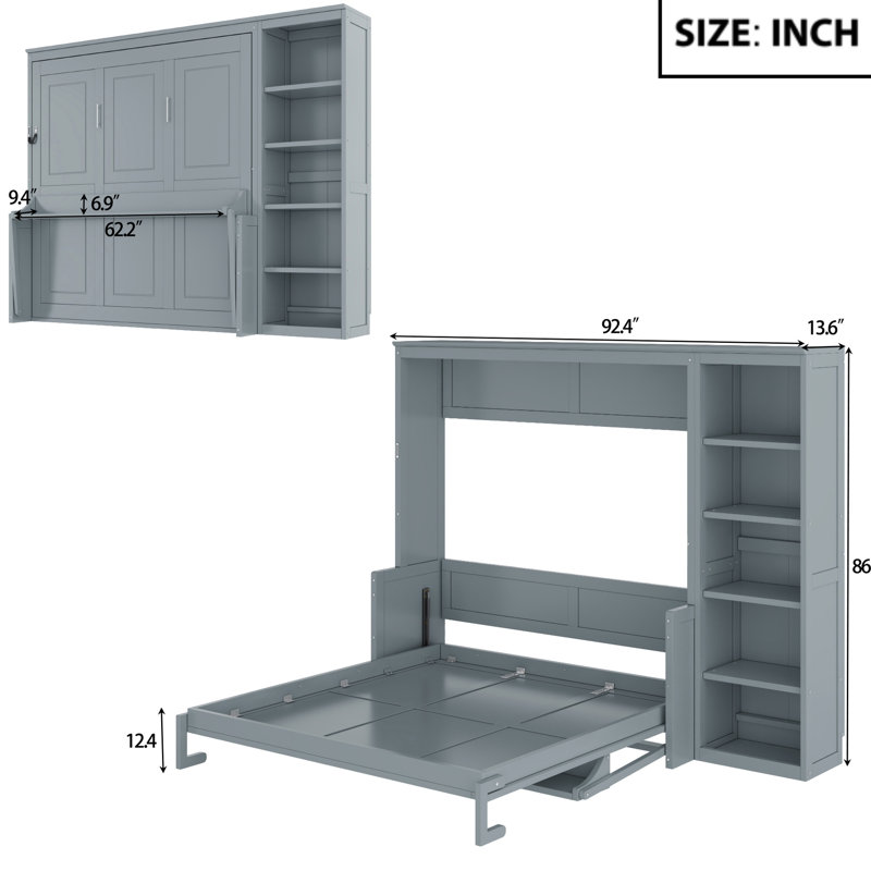 Grey Queen Bed With Integrated Desk And Shelf Compartments, Pine , Easy Fold For Space Utilization, No Box Spring Book Storage Materials, Space Design, Multiple Options