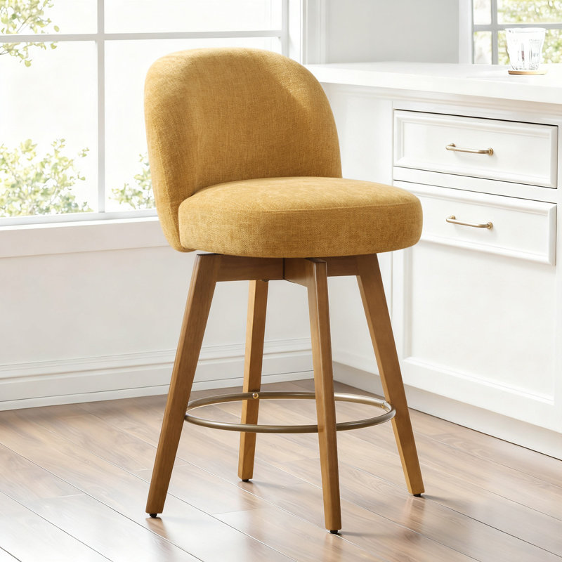 Tabourets de bar 26 po de style Mid-Century moderne à hauteur de comptoir, tabourets de bar rembourrés en tissu pivotant à 360 ° avec pieds en bois massif, chaises pour îlot avec dossier, jaune