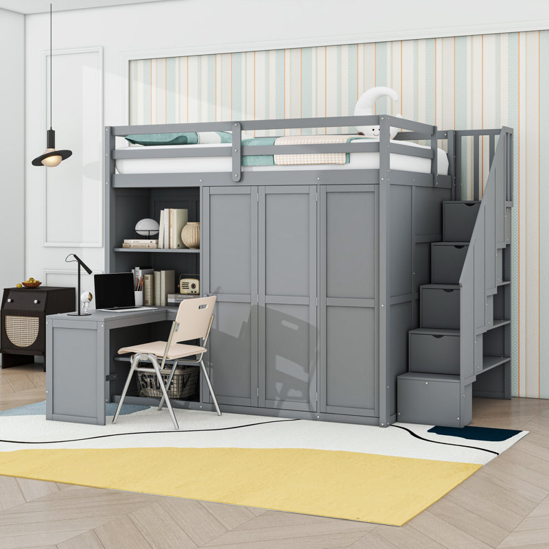 Lit mezzanine double en bois avec garde-robe, tablettes et bureau intégré, Gris