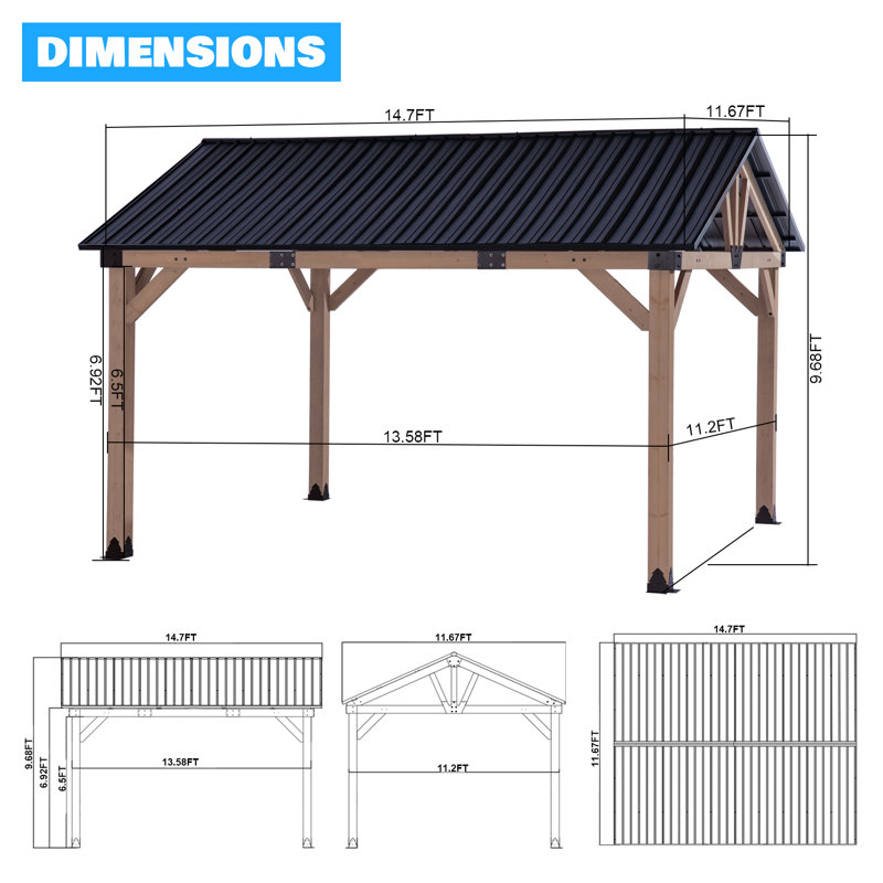 Pavillon de jardin en bois 12 pi x 14 pi avec toit en acier à toit rigide