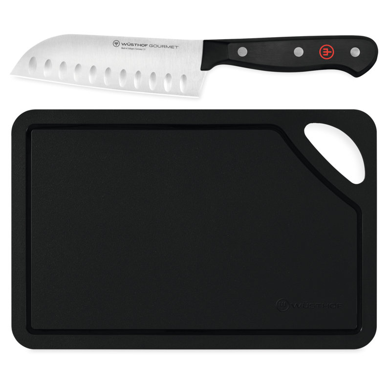 WÜsthof Gourmet 5" Santoku & 10" Red Cutting Mat Set, Black