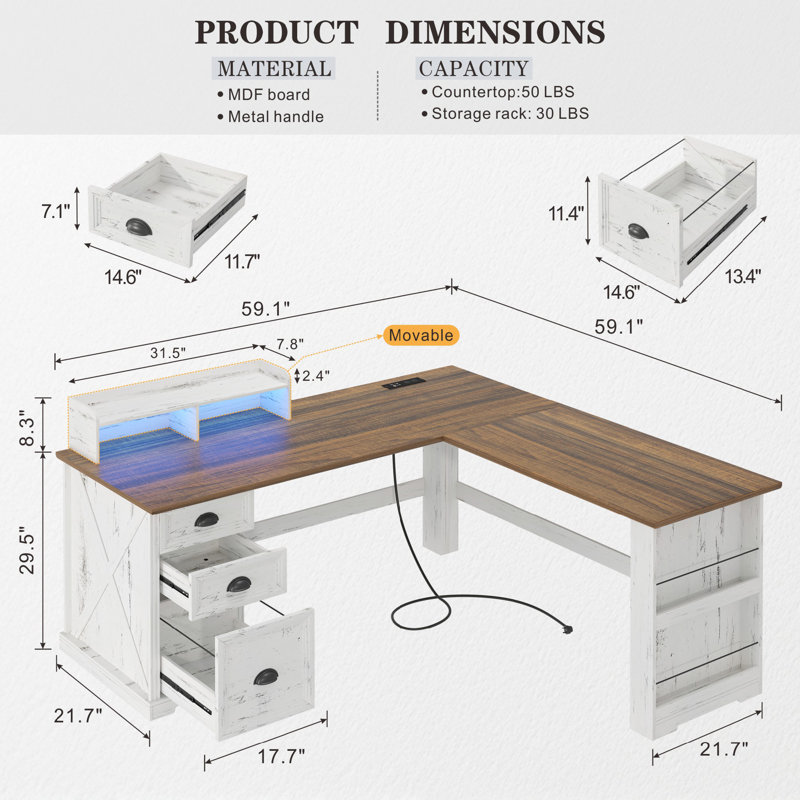 Computer Desk With Monitor Shelf, Rgb Led Lights And Built-in Charging Station , Modern Executive Desk With File Drawers