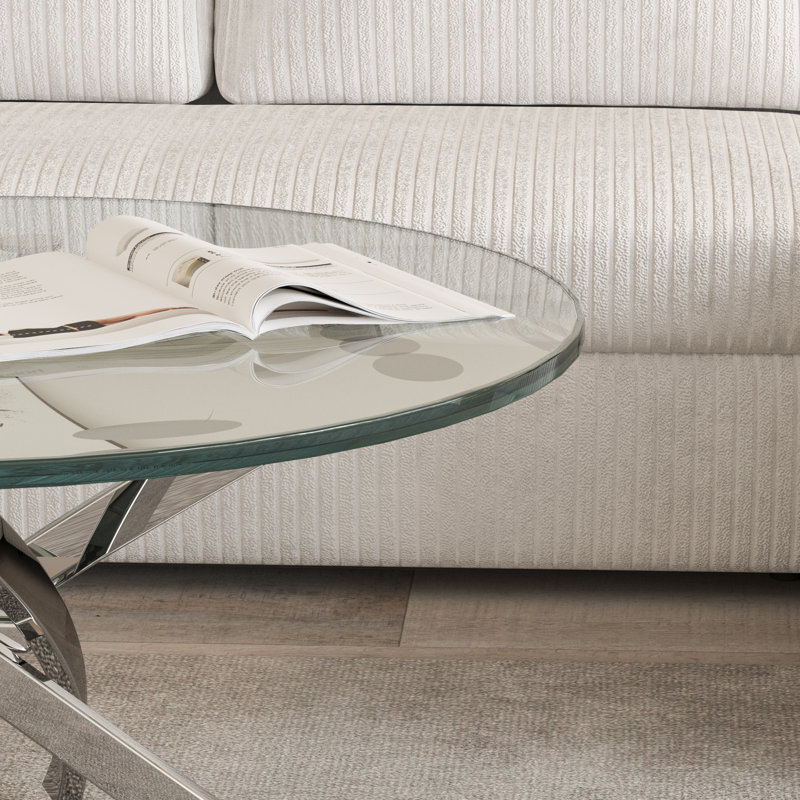 Landgraf Glass Top Round Coffee Table,Cocktail Table,Glass End Table, 17.7" H x 35.4" L x 35.4" W, Silver
