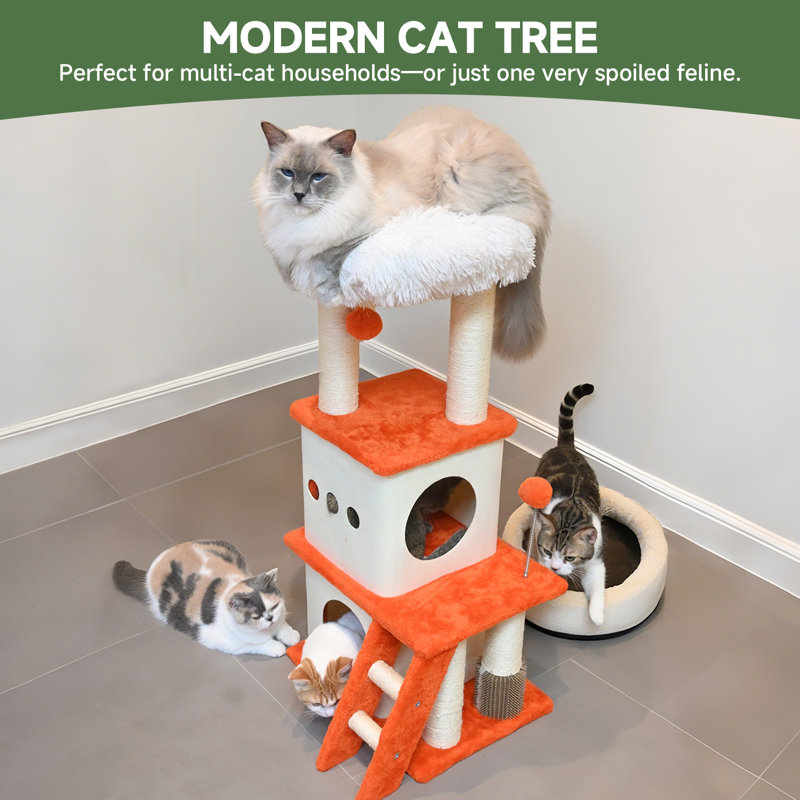 37.4-inch Cat Tree, Cat Tree Tower with Twin Cat Condos for Indoor Cats, Plush Cat House with Padded Perch, Scratching Ladder and Posts and Plush Balls for Kitty Play, Orange