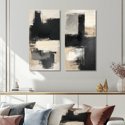 Art abstrait tonal au fusain V - Minimalisme abstrait en deux parties encadrées